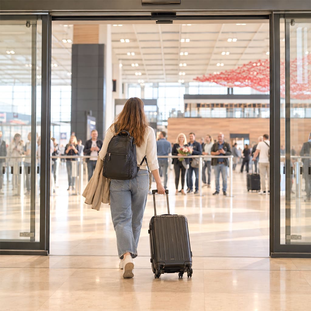 Reisende geht durch die Schiebetüren zum Ausgang des Ankunftsbereichs am BER