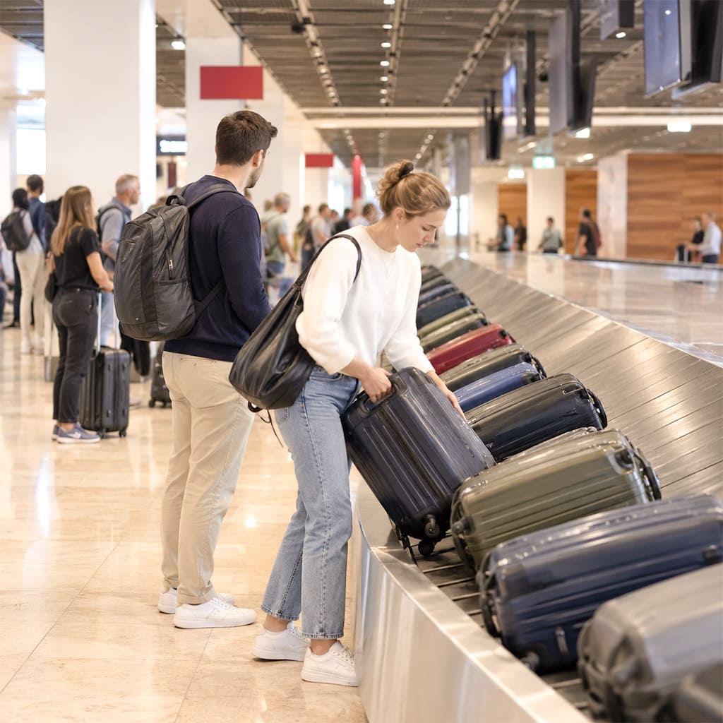 Reisende holen ihr Gepäck am Gepäckband im Ankunftsbereich des BER ab